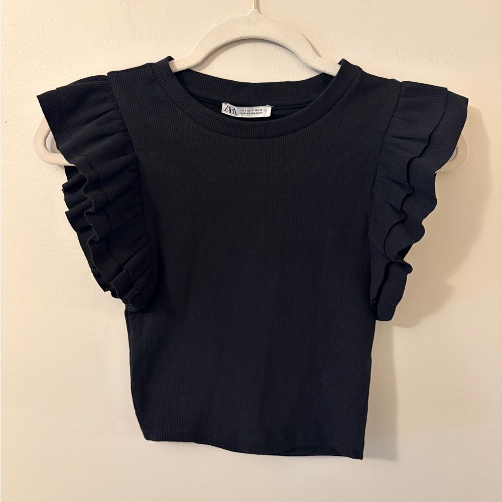 Zara Black Ruffled Sleeve Crop Top - Picture 2 of 4